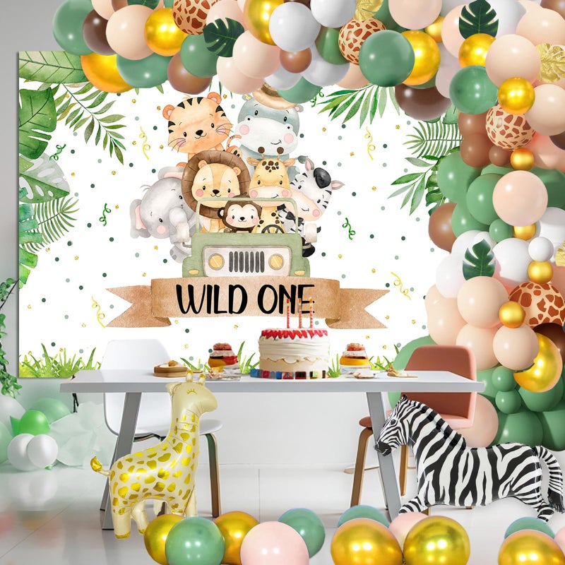 Avezano Wild One Birthday Backdrops Safari Theme First Birthday Party Background Decorations Tropical Jungle Animals 1st Birthday Party Banner Supplies(7x5ft) - Image 2